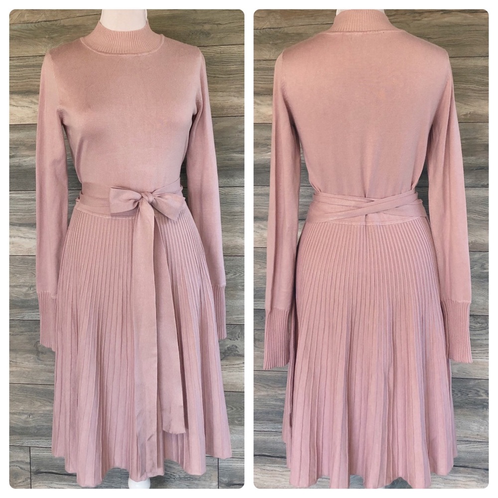 Mauve ribbed knit belted sweater dress